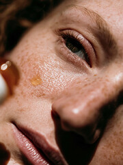 Naklejka premium Extreme close-up of a golden serum drop on freckled skin, macro shot of woman's face with focus on skin texture and hydration, professional cosmetic skincare concept