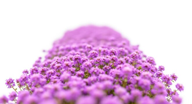 Vibrant purple alyssum flowers on white background, blooming lobularia maritima floral border, spring garden blossoms with soft bokeh