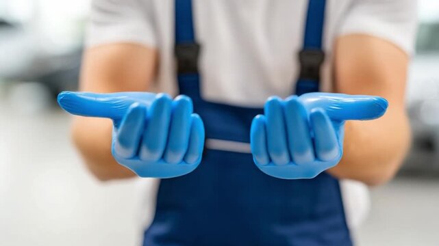 Hands-on Approach: A skilled technician, clad in work attire, proffers a set of pristine blue gloves, ready to embrace the task at hand and exhibit a dedication to precision. 