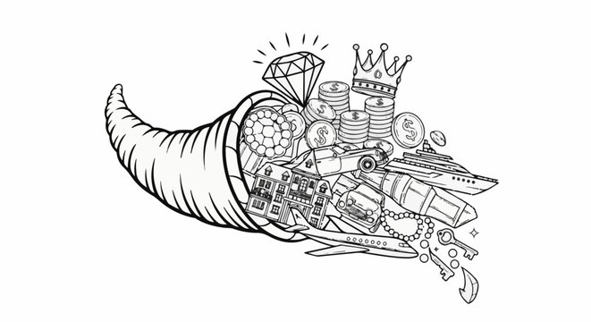 Cornucopia overflows with wealth jewels, money, vehicles, houses, and more