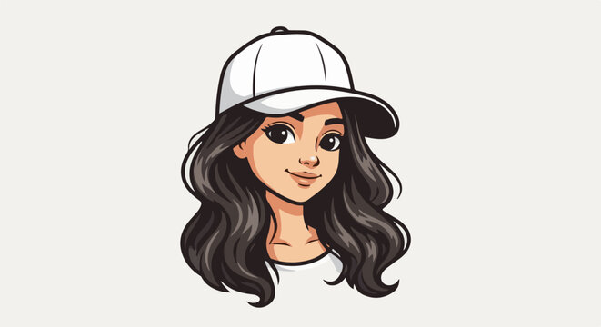 Cartoon portrait of a young woman wearing a white baseball cap and a white shirt