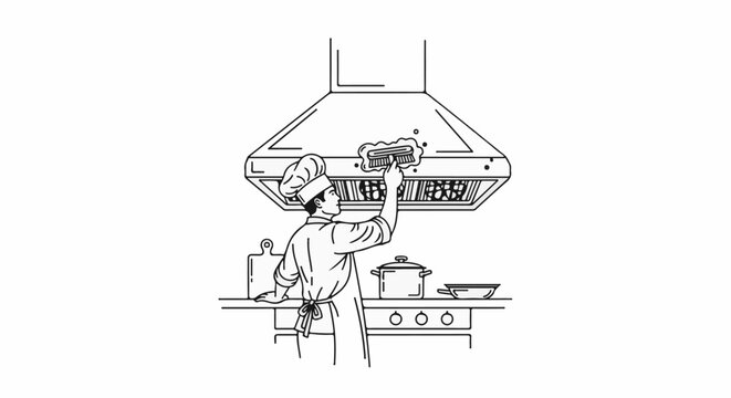 Chef cleaning kitchen range hood with a brush
