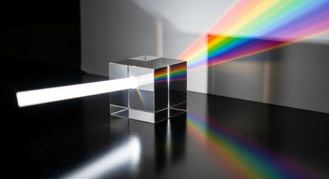 Glass prism refracting white light into rainbow colors