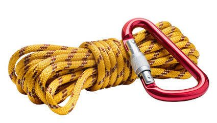 Yellow climbing rope with red carabiner and metal adjuster © Paula