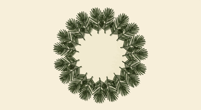 Circular arrangement of dark green pine needles on a light beige background