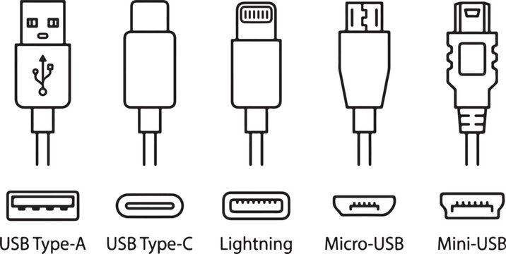 Minimalist Cable Connector Outline Icons Set &ndash; USB Type-A, USB Type-C, Lightning, Micro USB, Mini USB with Ports Vector Line Illustration.