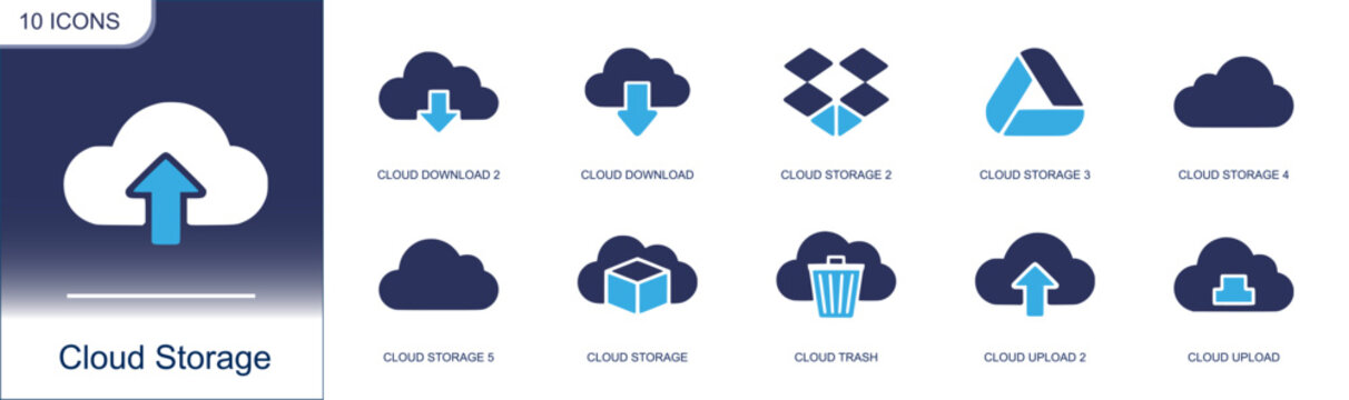 Cloud storage icon set. Containing cloud download, cloud storage, cloud trash, cloud upload, file backup, server, online drive, sync, hosting, dropbox and more. Solid fill vector icons.