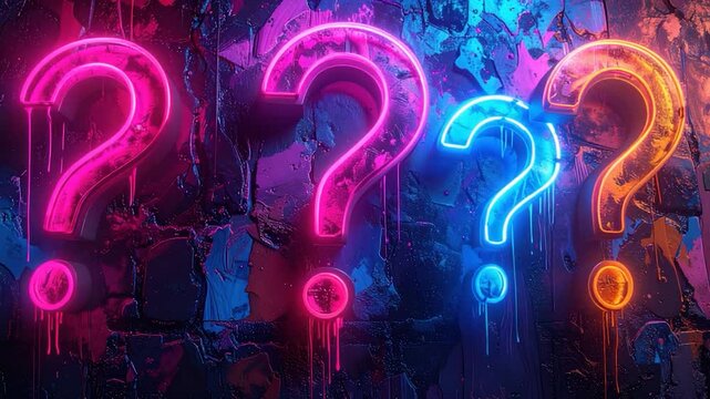 Neon question marks on a textured wall, glowing with vibrant colors