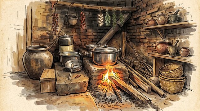 Traditional Rural Kitchen with Open Fire and Vintage Cooking Utensils Illustration