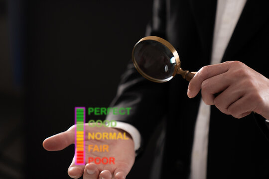 Business professional analyzing a quality rating scale from poor to perfect using a magnifying glass, representing evaluation, inspection, performance measurement, and quality control.