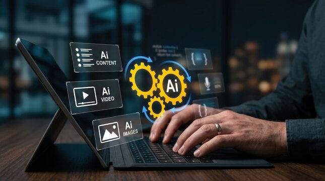 Person typing on laptop keyboard generating AI content, video and images, artificial intelligence technology concept with floating icons representing machine learning algorithms