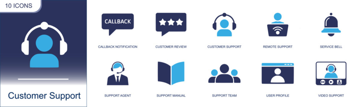Customer support icon set. Containing callback notification, customer review, customer support, remote support, service bell, support agent, support team and more. Solid fill vector icons.