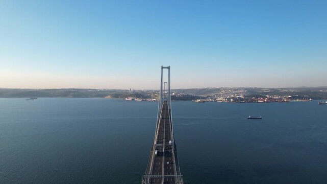 Osmangazi Bridge in Kocaeli, Turkey. Aerial shot with drone. Beautiful sunset landscape.