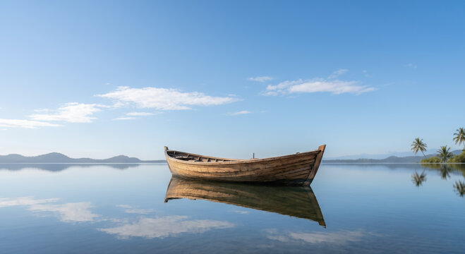 Minimalist shot of a wooden boat on perfectly calm blue water. Symmetrical reflection, bright natural lighting, and a clear blue sky. High commercial usability for clean website backgrounds.