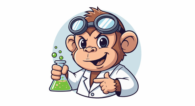 Cartoon monkey scientist with goggles holds bubbling flask