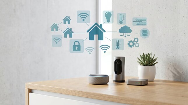 Smart home automation concept with connected devices like smart speaker, camera and hub displaying wireless network and security icons on wall.