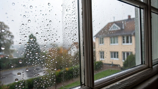 Rain and raindrops on glass window concept. Rain drops on a window, offering a cozy indoor view on a dreary day.