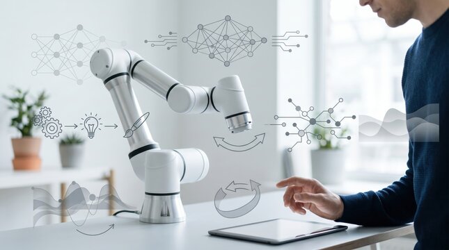Collaborative robot arm working alongside human operator using tablet interface with artificial intelligence neural network graphics overlay in bright workspace.