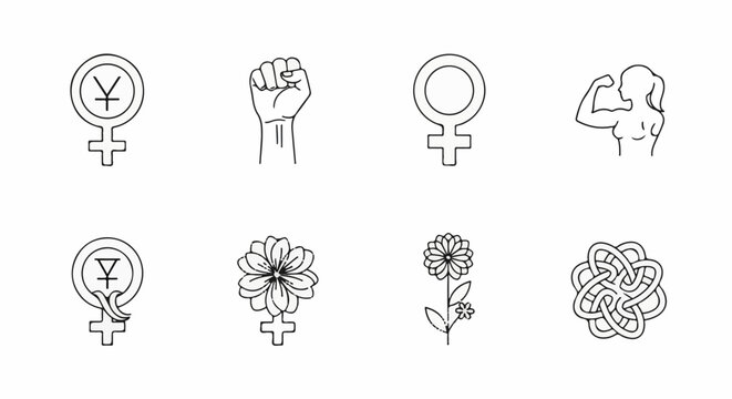 Collection of symbols female, fist, muscular woman, flowers, knot