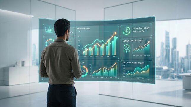 Businessman analyzing ESG investment and carbon market trends on holographic screen, financial data visualization for renewable energy performance and corporate sustainability