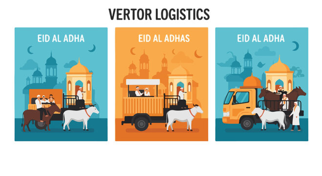 Islamic illustration shows transporting animals for Eid al Adha sacrifice logistics.
