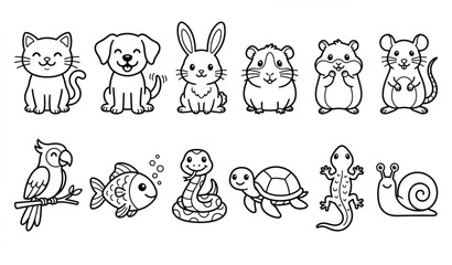 Fototapeta premium Cute pet outline bundle coloring book vector animals set