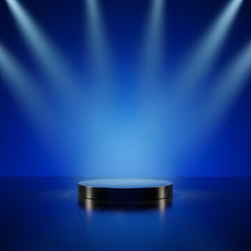 Empty stage with spotlight illumination on dark blue background for product presentation