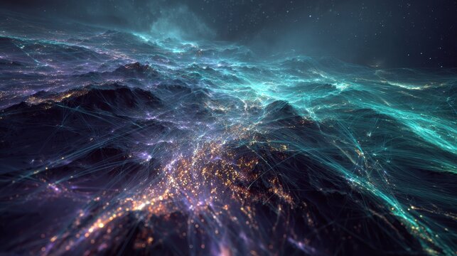 Digital network over abstract ocean waves at night