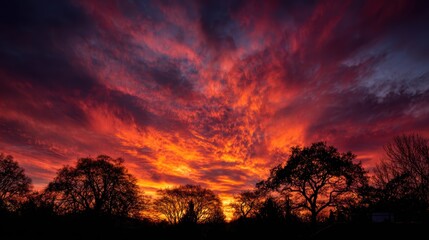 Fototapeta premium Fiery sunset sky over silhouetted trees and landscape