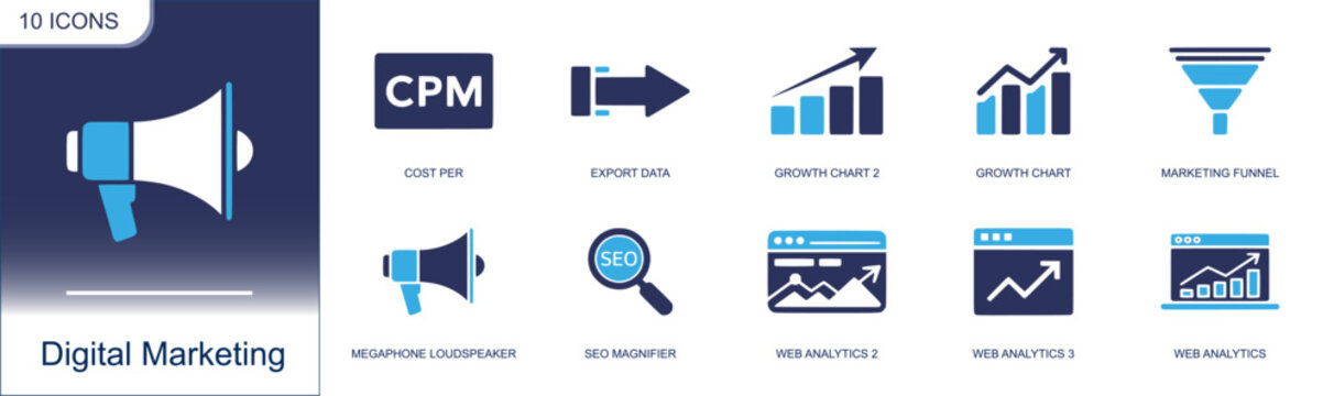 Digital marketing icon set. Containing CPM, cost per, export data, growth chart, marketing funnel, megaphone, SEO magnifier, web analytics, dashboard and more. Solid fill vector icons.