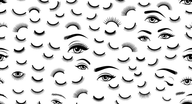 Seamless Pattern of Eyelash Extensions and Beautiful Woman Eyes for Beauty Salon Background