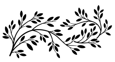 Black Silhouette of Decorative Floral Branch with Leaves Isolated on White © Renof