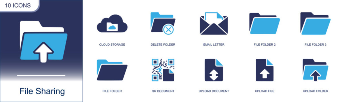 File sharing icon set. Containing cloud storage, delete folder, email letter, file folder, QR document, upload document, upload file, upload folder and more. Solid fill vector icons.