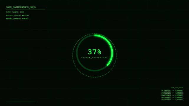 Futuristic Core Maintenance Mode HUD with Green Digital System Optimizing Progress Circle and Computer Registry Repair Processing Monitoring Interface.