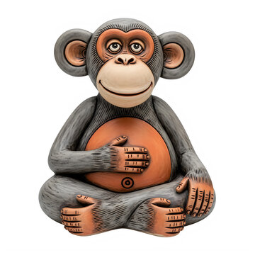 A cheerful monkey sitting and holding a small fruit in its hands