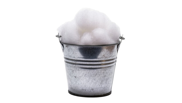 Rustic galvanized metal bucket filled with fluffy white cotton balls