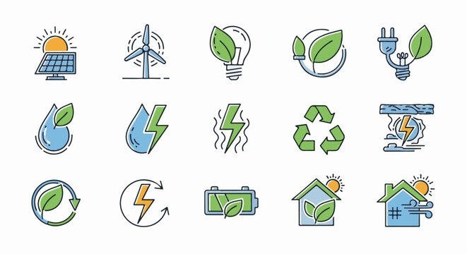 Collection of 15 simple line icons depicting sustainable energy and environmental concepts
