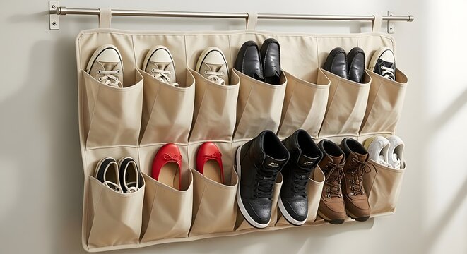 Canvas shoe organizer with various footwear in neutral lighting against a wall