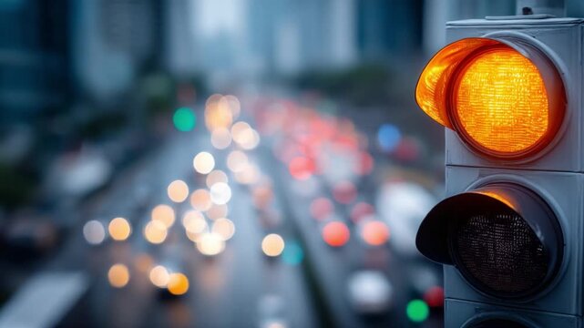 Traffic Light Beacon: An eye-level view, a traffic light illuminates with an amber glow, against a blurred backdrop of flowing vehicle lights.