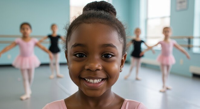 Smiling little ballerina in dance studio, joyful child practicing ballet with classmates in soft light environment