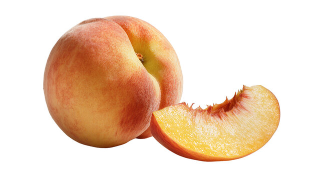 Ripe juicy peach with bite mark and whole fruit close-up