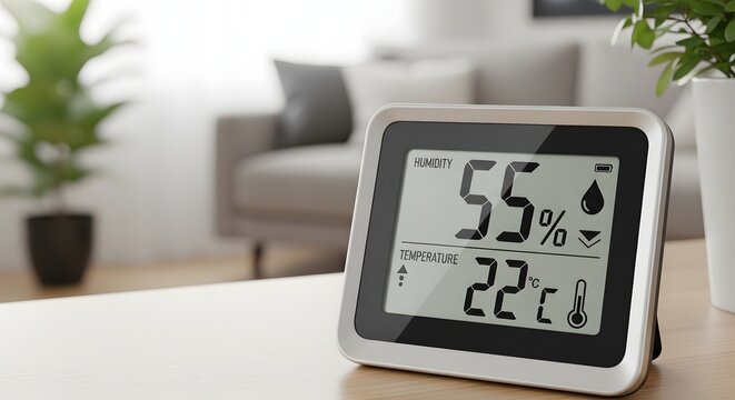 Digital hygrometer and thermometer displaying room temperature and humidity