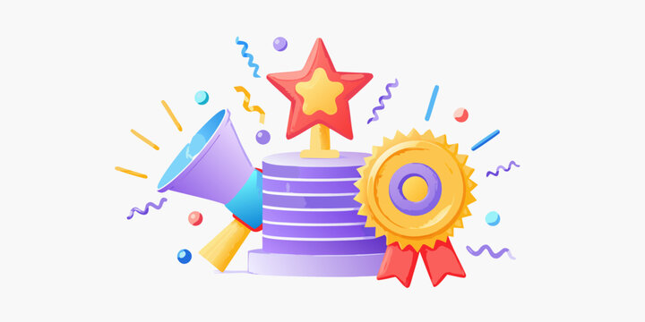 Celebration composition with star rosette and party popper illustration
