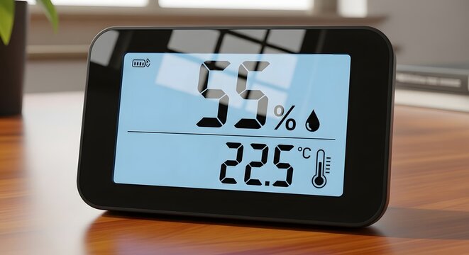 Digital hygrometer displaying indoor temperature and humidity on a wooden desk