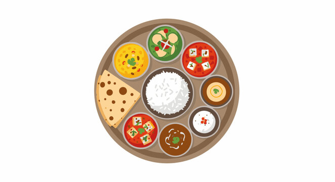 Colorful flat illustration of a traditional Indian meal platter with rice
