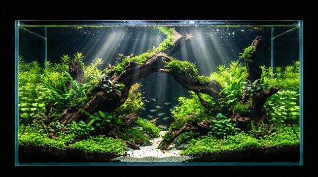 Serene aquascape with natural light filtering through lush aquatic plants and small fish