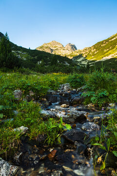 Vertical mountain stream beneath Malyovitsa Peak in Rila Mountain Bulgaria