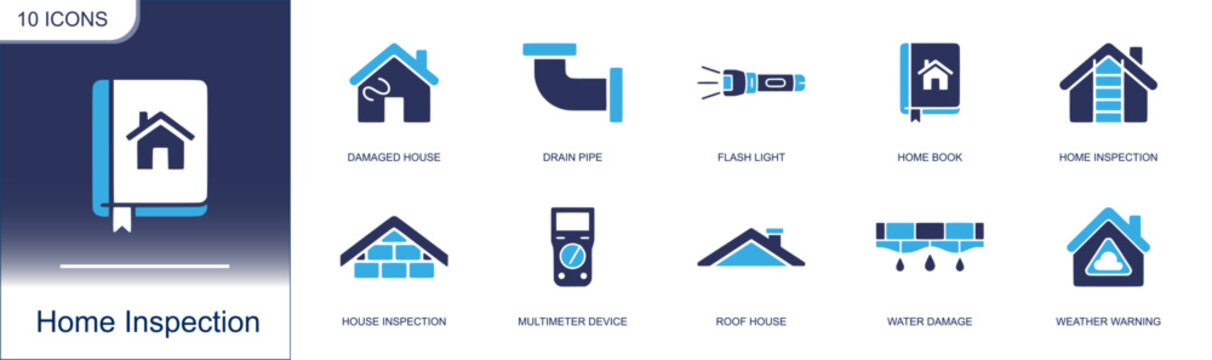 Home inspection icon set. Containing damaged house, drain pipe, flash light, home book, home inspection, house inspection, multimeter, roof, water damage and more. Solid fill vector icons.