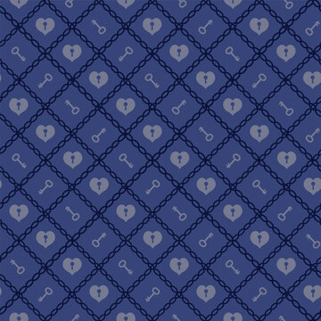 Romantic Gothic Lock and Key Seamless Vector Pattern with Heart Locks on Blue Background
