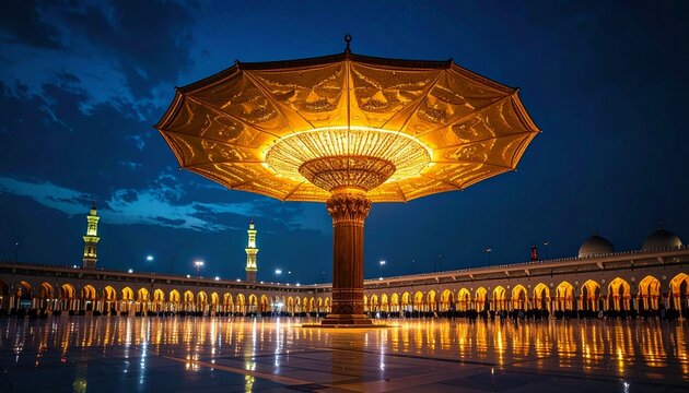 Masjid Nabawi Courtyard at Night with Illuminated Umbrella and Reflection